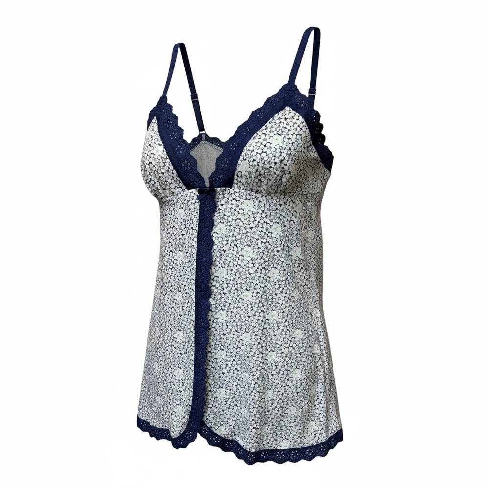 Y2K Victoria's Secret Babydoll Top Large Open Front Eyelet‎ Lace Blue Floral